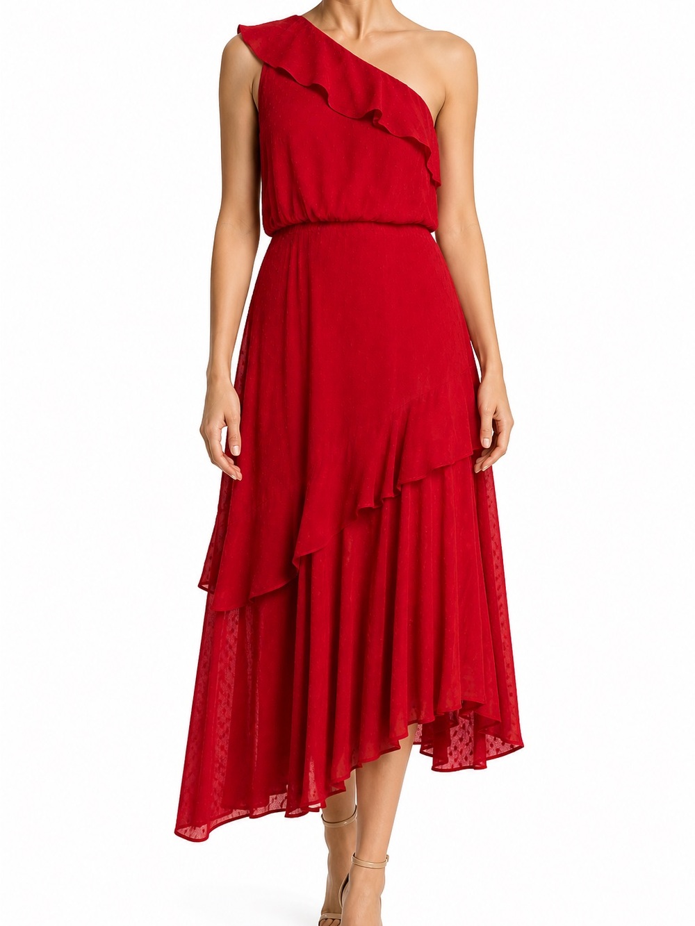 WAYF Erika One-Shoulder Red Midi Dress | Size XL | Elegant Occasion Dress - Picture 8 of 8